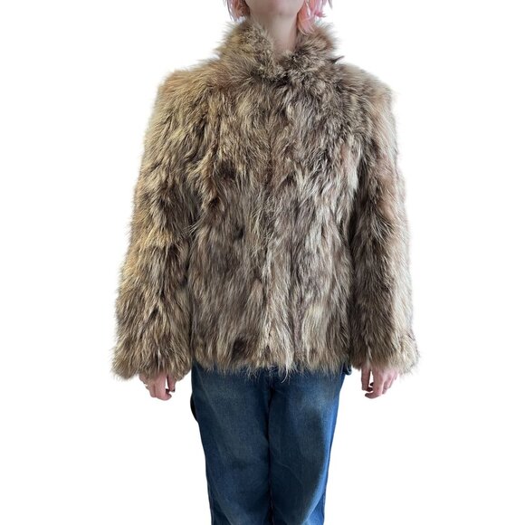 Vintage 1970s J.Fox Boston Genuine Raccoon Fur Coat Car Length Pockets Brown - Picture 1 of 12